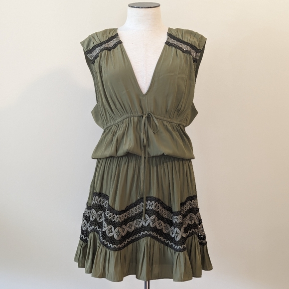 Ramy Brook Isra Mini Dress Sleeveless Deep V Neck Crochet Detail Clover XL NWT - Picture 1 of 16